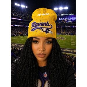 Baltimore Ravens‎ Gold Beanie design with Logo Gold Rhinestones & White Stars